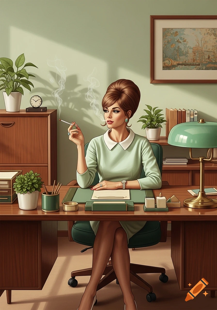 Retro illustration of a 1960s secretary with a bouffant, smoking at a desk in an office.