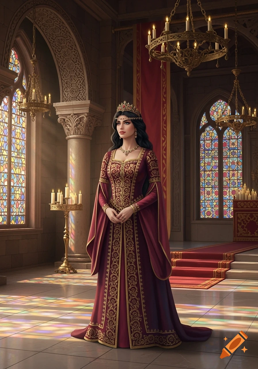 A regal woman in an ornate red and gold gown and crown stands in a grand hall with stained glass windows, bathed in colorful light.