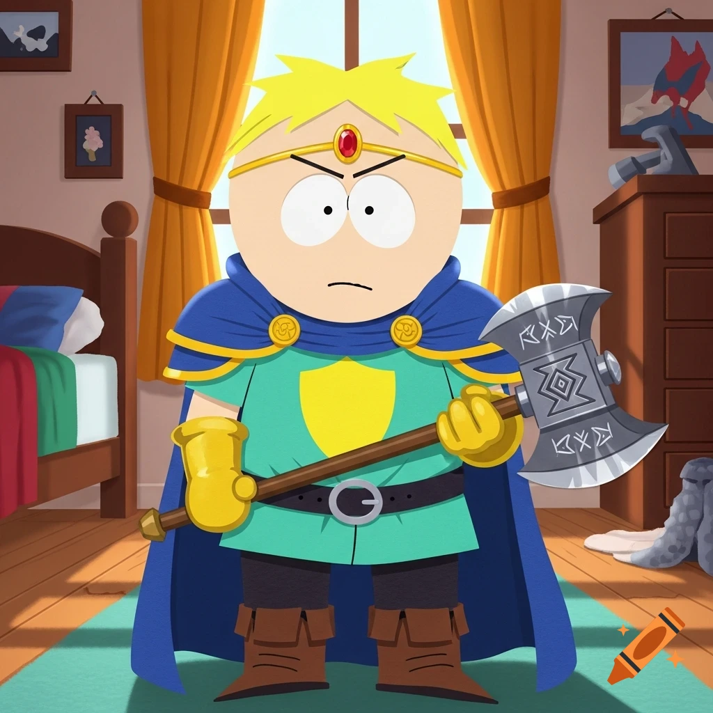 Butters from South Park, dressed as a medieval paladin holding a large axe, stands in his bedroom in a cartoon style.