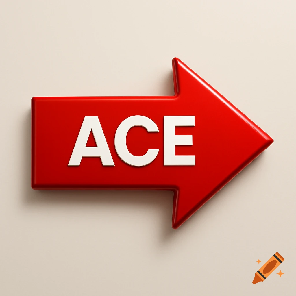 A vibrant red 3D arrow pointing right, featuring the white capital letters "ACE" prominently on its surface.