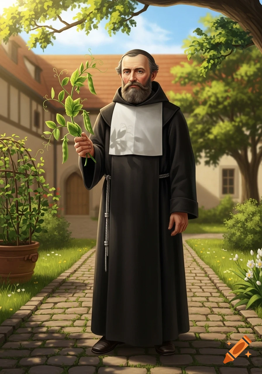 A bearded man in a monk's habit stands in a sunny garden, holding a pea plant with pods.
