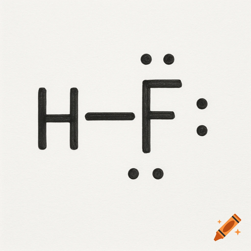A Lewis structure diagram of a Hydrogen Fluoride (HF) molecule, showing a single bond between H and F, and three lone pairs of electrons around the F atom.