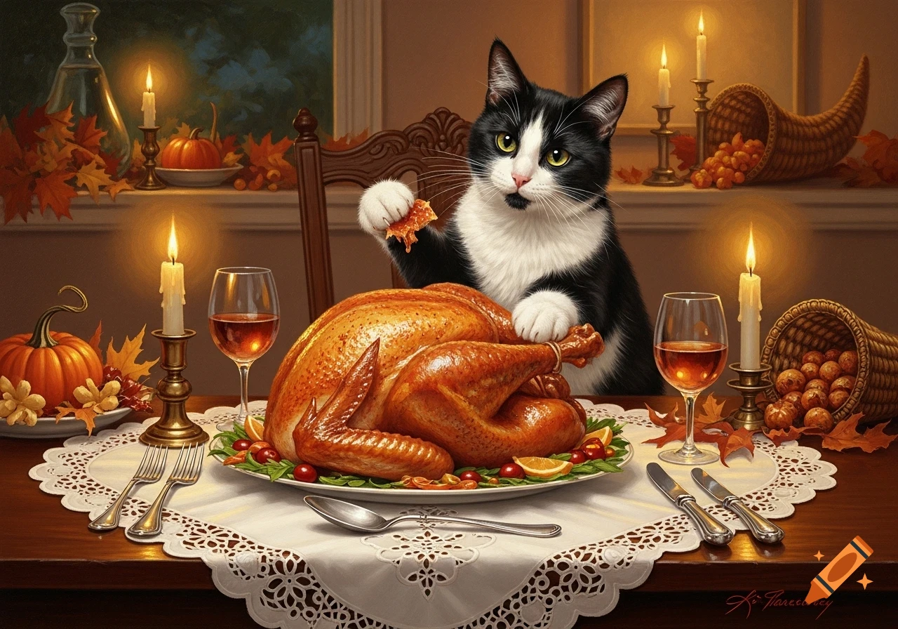 A tuxedo cat at a festive Thanksgiving dinner table, reaching for a roasted turkey. Oil painting style.