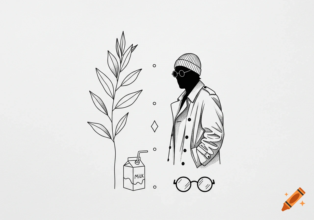 Minimalist line art illustration featuring a figure in a trench coat and beanie, a plant, a milk carton, and round glasses.