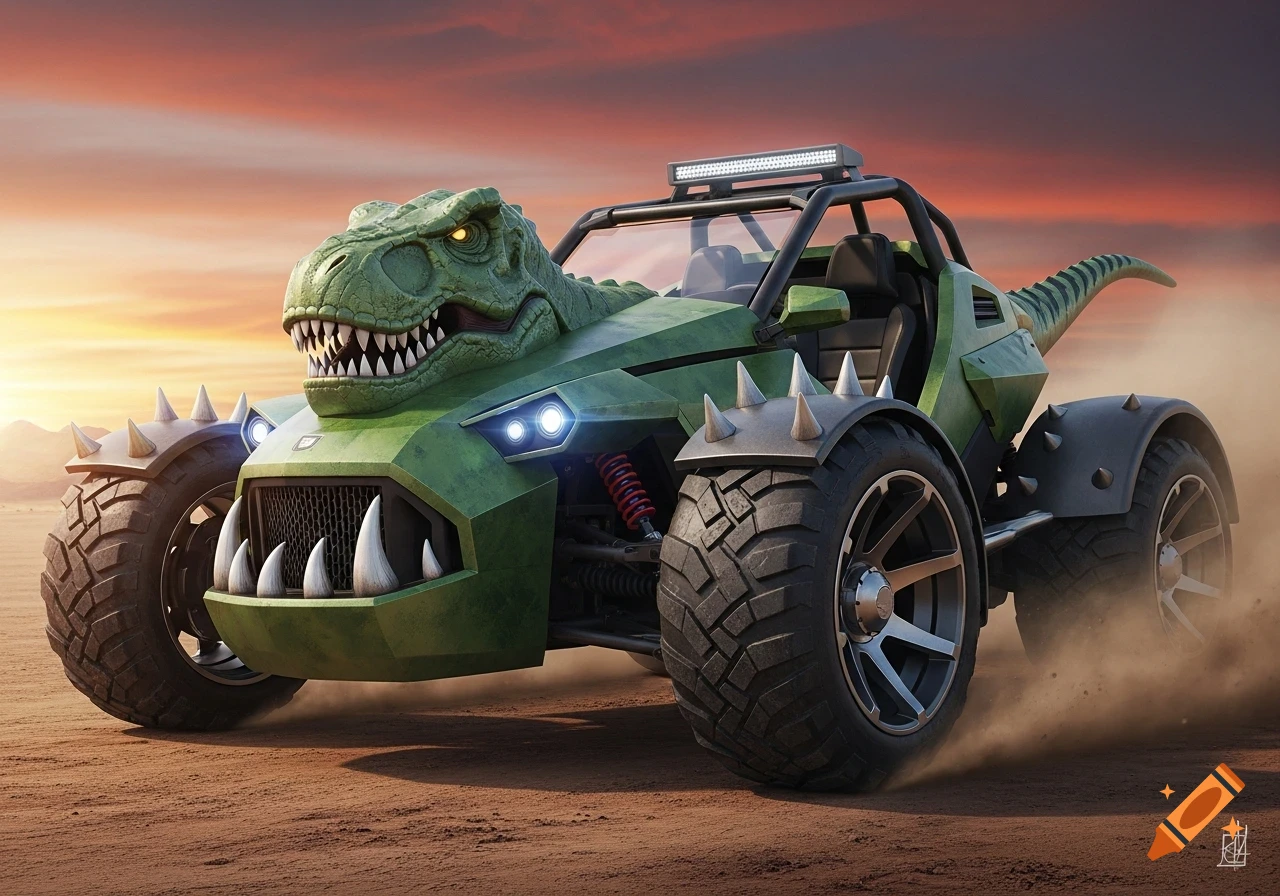 A green T-Rex themed off-road buggy with sharp teeth and spikes kicks up dust on a dirt road under an orange sunset.