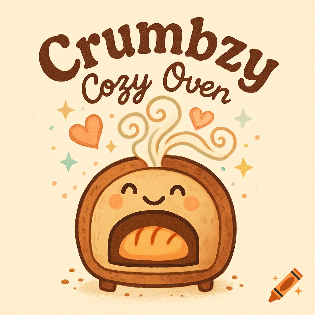 Whimsical hand-drawn logo of a smiling cartoon oven baking bread, with text 'Crumbzy Cozy Oven', steam, hearts, and stars.