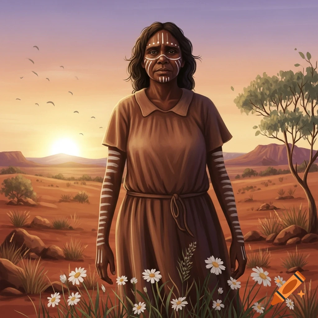 Stylized illustration of an Indigenous Australian woman with white face and arm paint in a golden desert at sunset, with daisies.