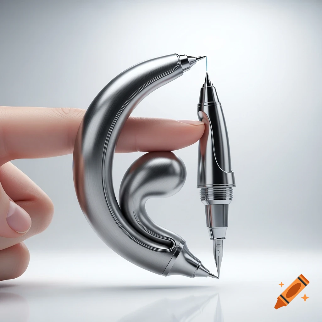 A sleek, metallic, curved pen held by a finger, showing a marker tip and a fountain pen nib, on a bright white background.