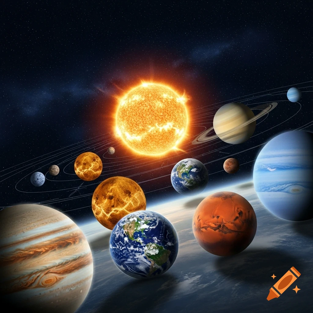 A vibrant, detailed depiction of the sun and several planets of the solar system against a starry background.
