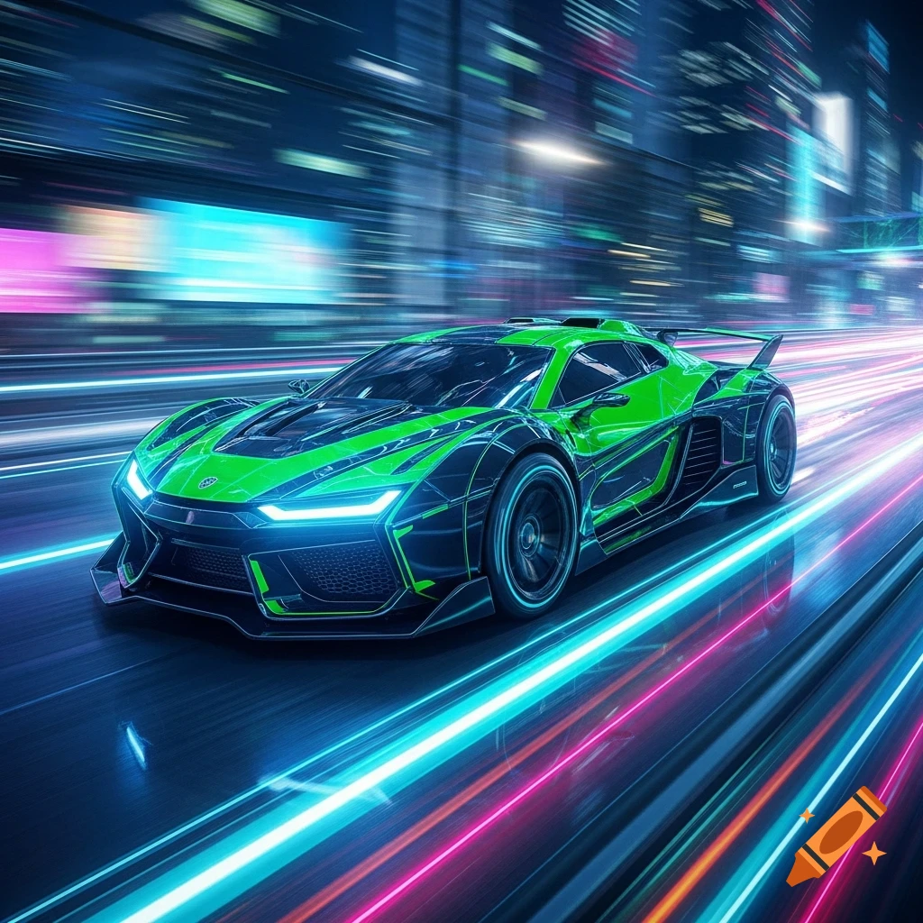 A vibrant green and black futuristic sports car speeds through a neon-lit city street at night, illuminated by blue and pink light trails.