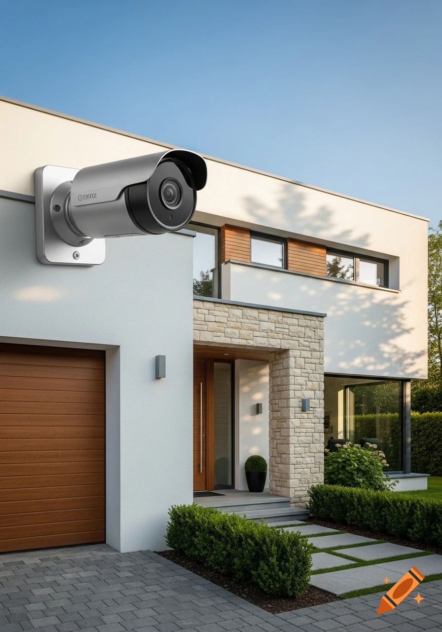 A modern security camera mounted on the side of a contemporary house with a brown garage door and landscaped front yard.