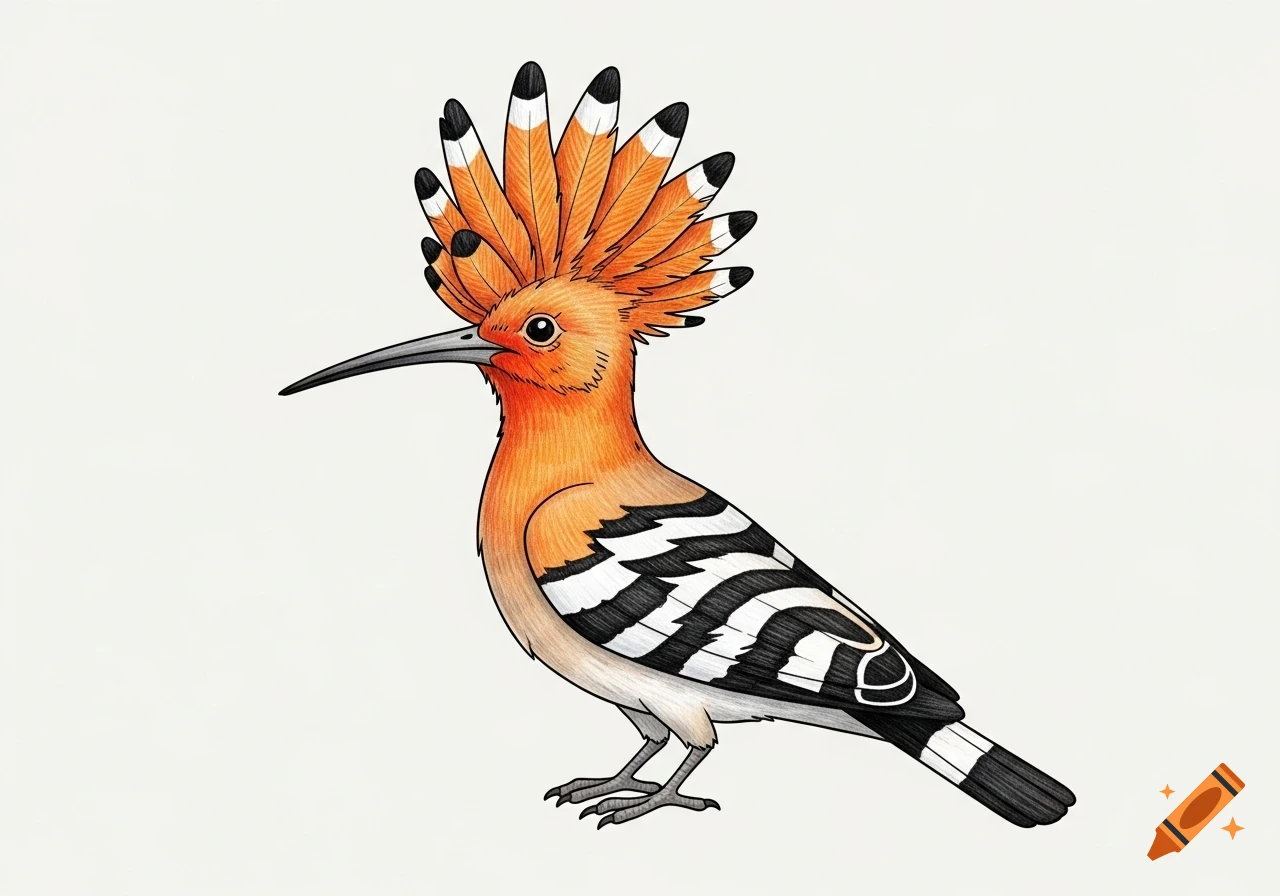 A colorful doodle illustration of a hoopoe bird with an orange body, black and white striped wings, and a large orange crest with black tips.