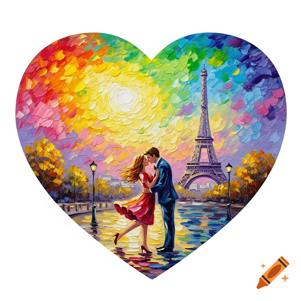 A vibrant impasto painting in a heart shape shows a couple kissing on a Parisian street with the Eiffel Tower in the background under a colorful sky.