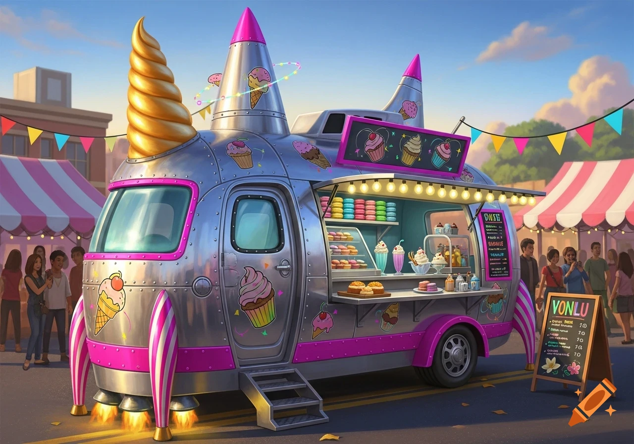 A whimsical rocket ship-shaped dessert food truck with a golden ice cream cone horn, covered in cupcake stickers, parked at a vibrant outdoor festival under a blue sky.