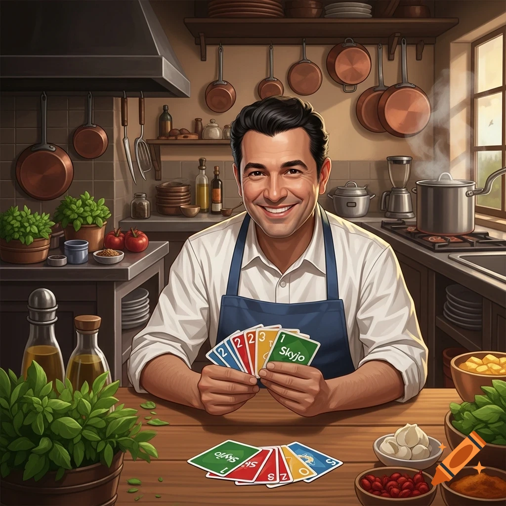 A smiling chef wearing an apron holds Skyjo cards in a rustic kitchen setting, with more cards on the wooden table and cooking ingredients around him.