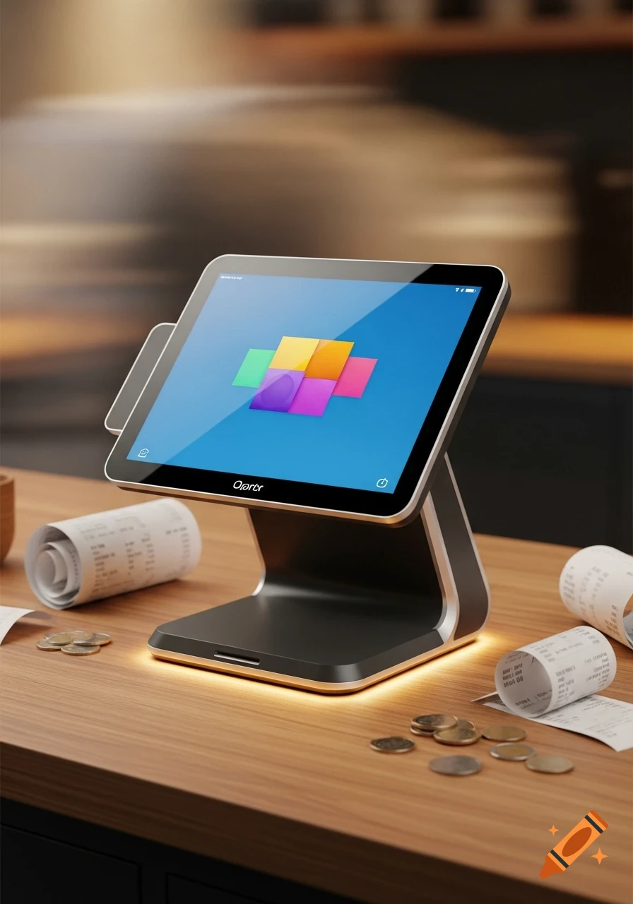 A modern point-of-sale device with a touchscreen displaying colorful app icons, sitting on a wooden counter next to rolled paper receipts and scattered coins.