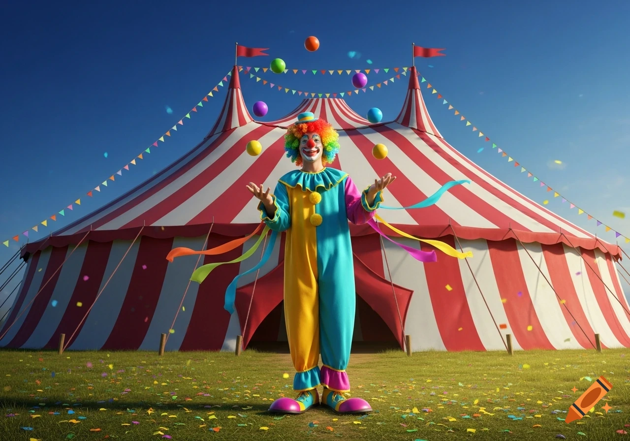 A colorful clown with a rainbow wig juggling several balls in front of a red and white striped big top tent, with confetti on the grass under a clear blue sky.