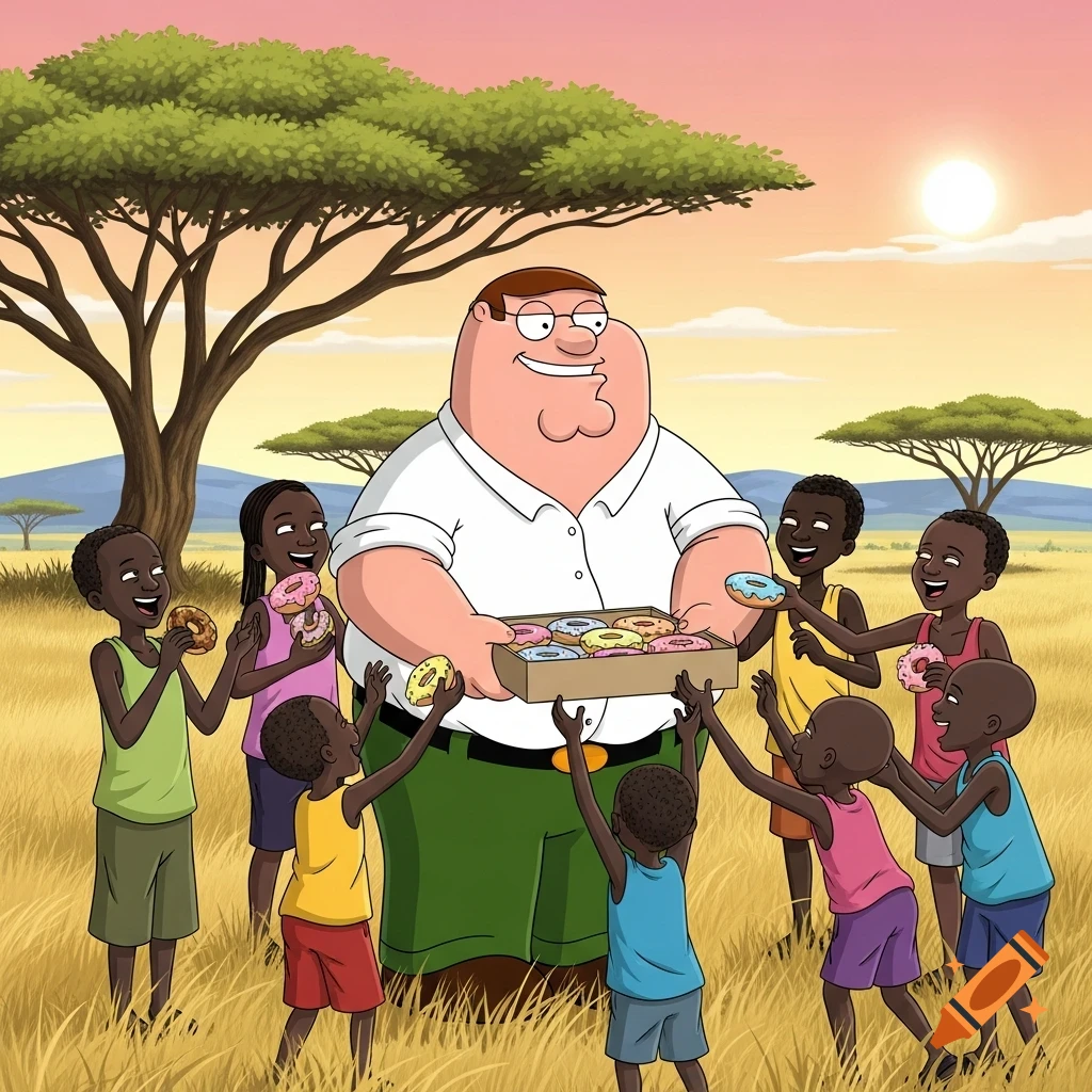 Cartoon of Peter Griffin handing out donuts to a group of happy children in a sunny African savanna with acacia trees.
