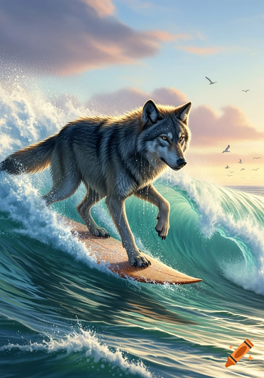 A majestic wolf surfs a large wave on an orange surfboard at sunset, with birds flying in the background.