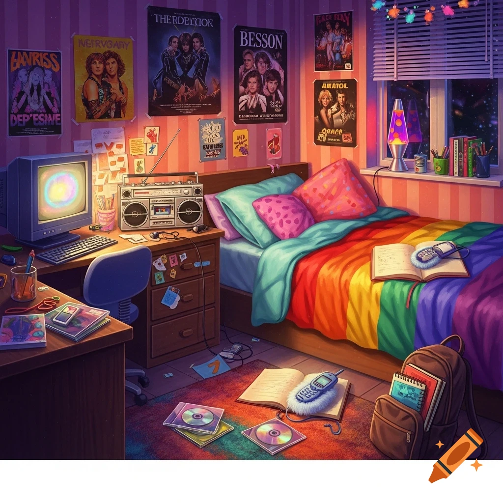 A vibrant, cluttered bedroom with 90s/early 2000s decor, including a CRT monitor, boombox, lava lamp, and rainbow-colored bedspread.