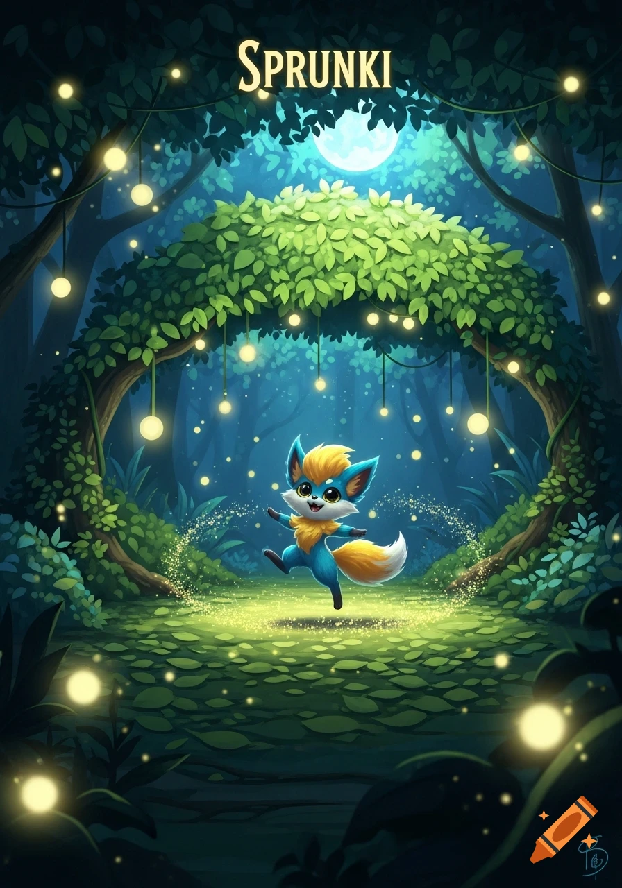 A cute blue and orange creature with a fluffy tail skips happily in a magical forest illuminated by fairy lights and the moon, in a vibrant illustration, with the text SPRUNKI at the top.