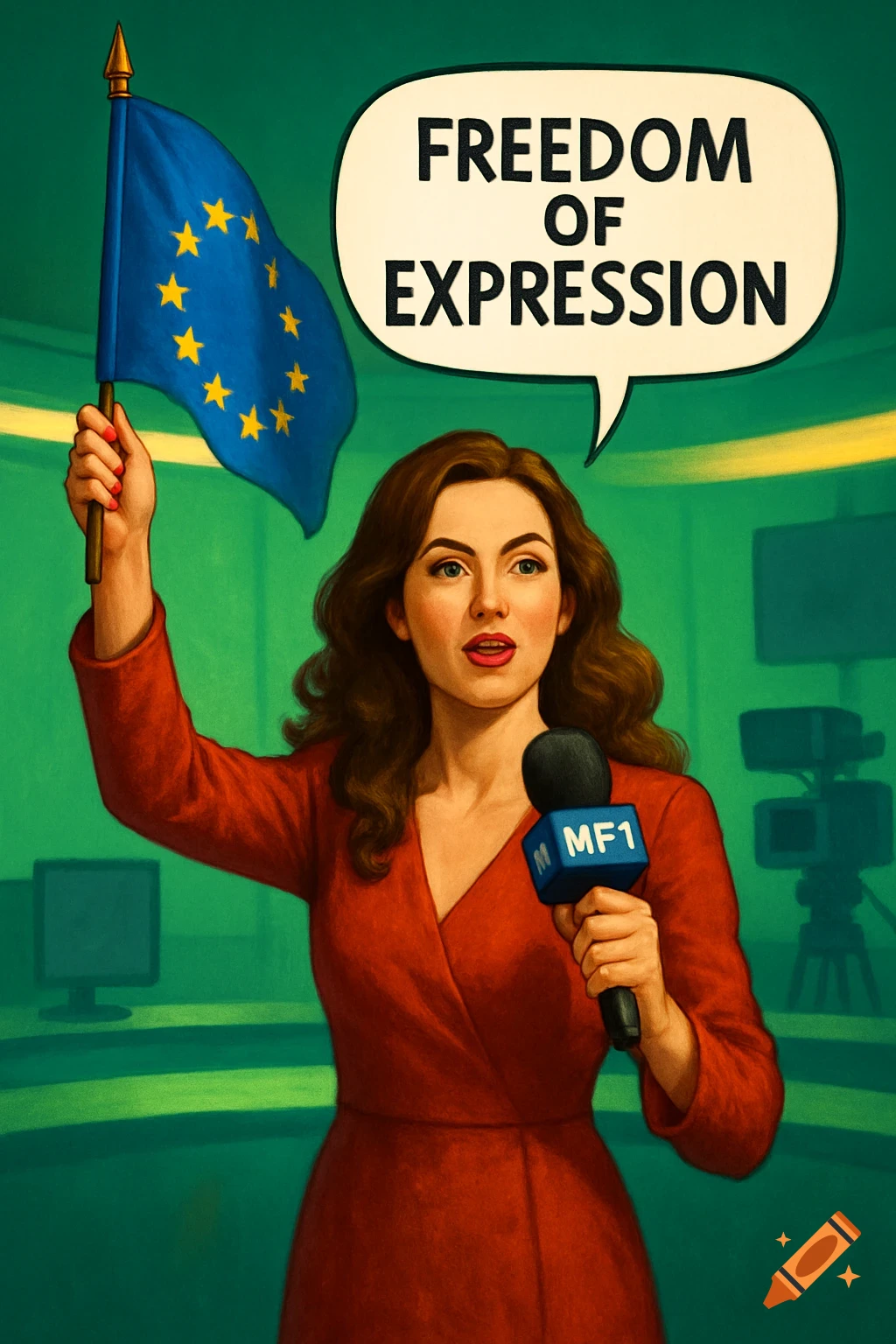 An illustrative image of a female news reporter in a red dress holding a European flag and a microphone. A speech bubble above her reads 'FREEDOM OF EXPRESSION'.