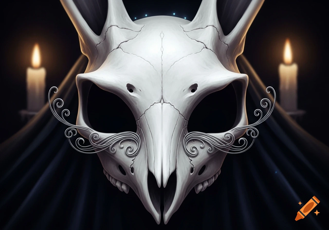 A white, stylized mask resembling a rabbit skull with ornate silver scrollwork, flanked by two glowing candles in a dark setting.
