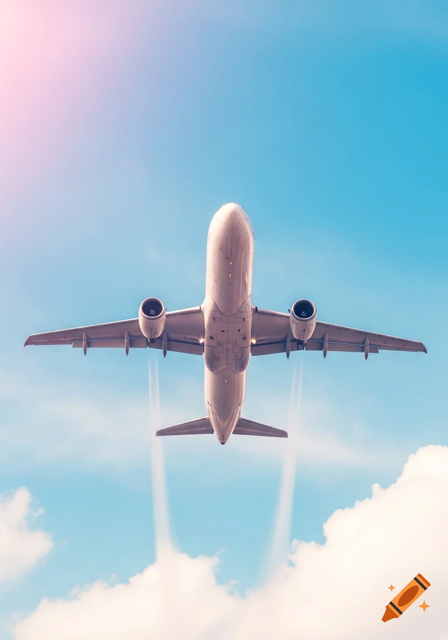White airplane flying upwards against a blue sky with clouds, seen from below, with a slight pink tint.