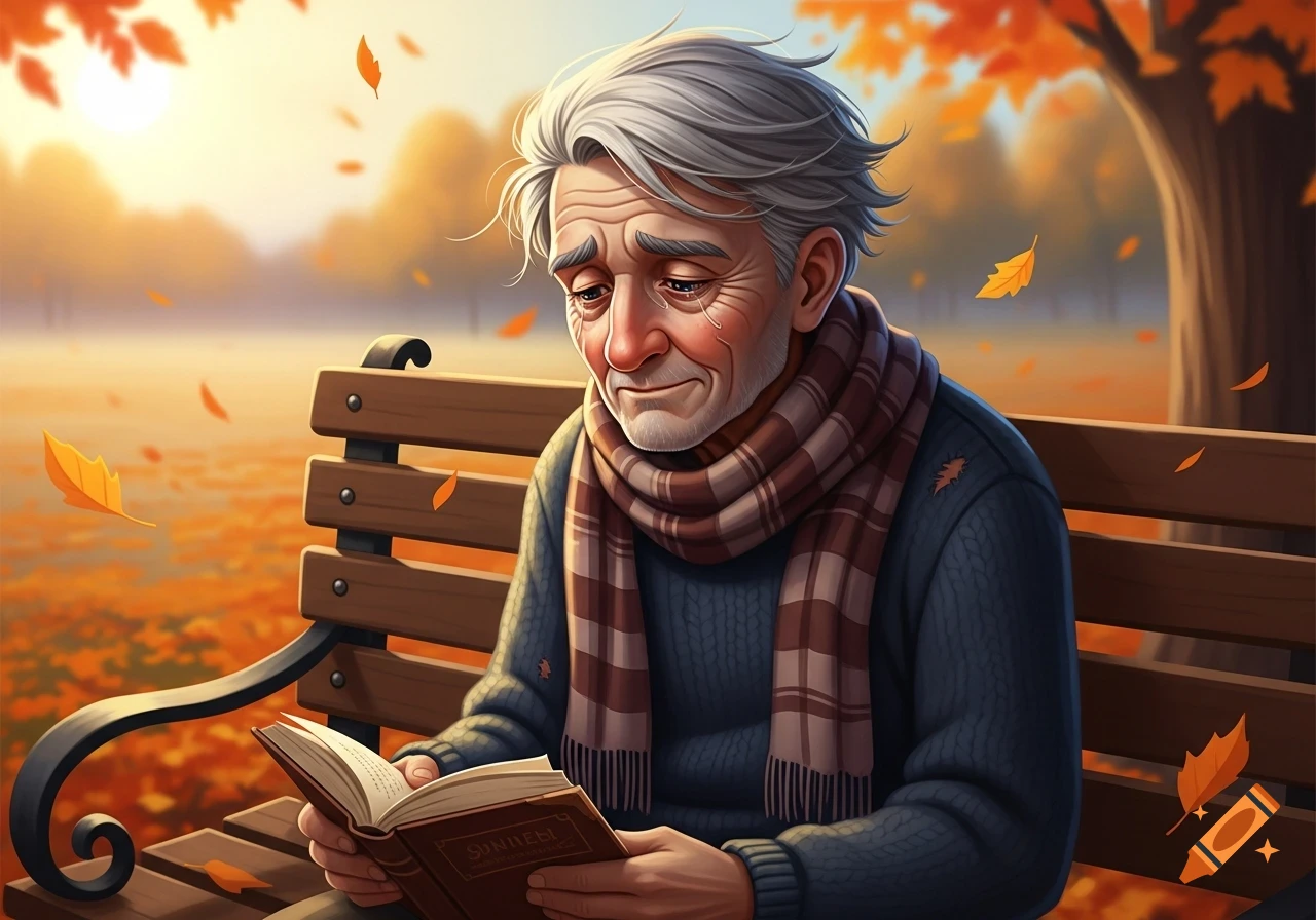 Sad elderly man with grey hair and scarf sits on a park bench, reading a book amidst autumn leaves, illustration.