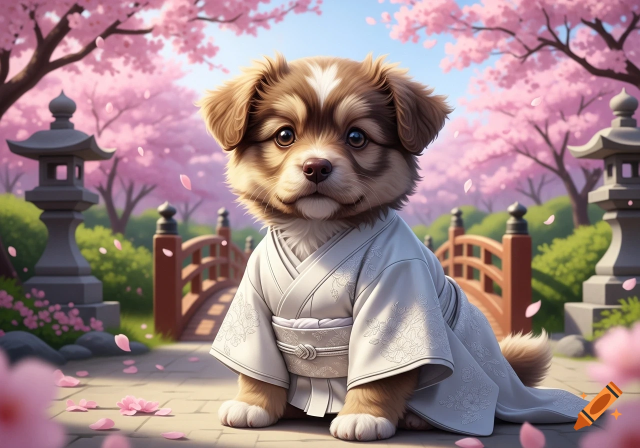 A cute puppy wearing a white kimono sits on a stone path under pink cherry blossom trees in a Japanese garden.