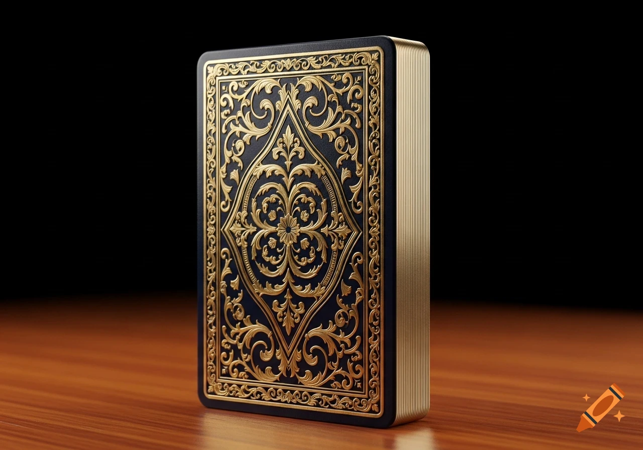 A dark blue card deck with intricate raised gold filigree design, standing upright on a polished wooden table.