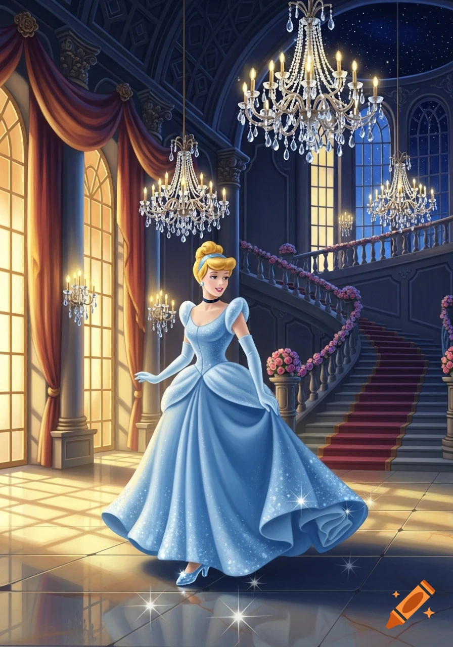 Cinderella in a sparkling blue ball gown and gloves stands elegantly in a grand, chandelier-lit ballroom with a red-carpeted staircase.