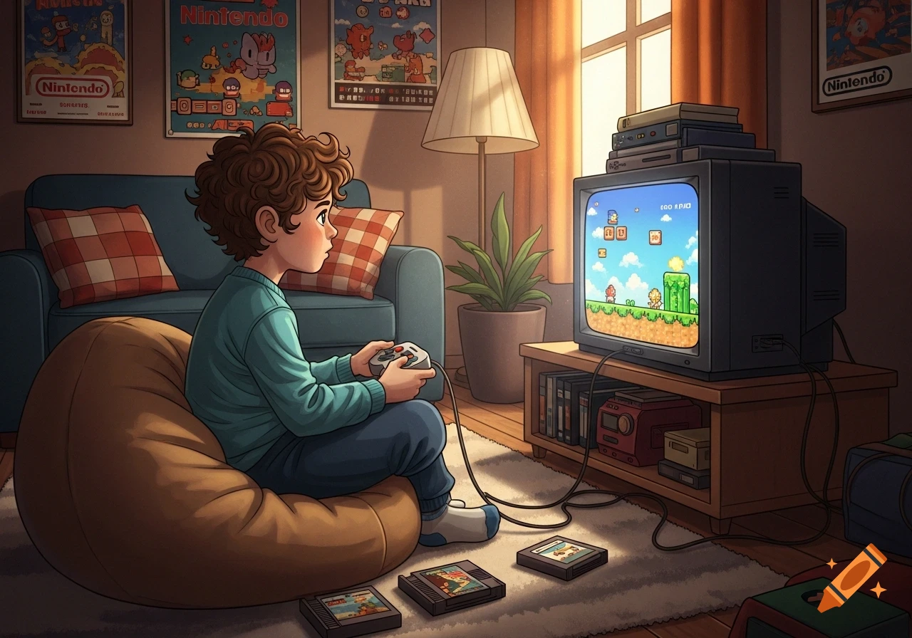 A cartoon boy with curly hair sits on a beanbag chair playing a video game on an old CRT television.