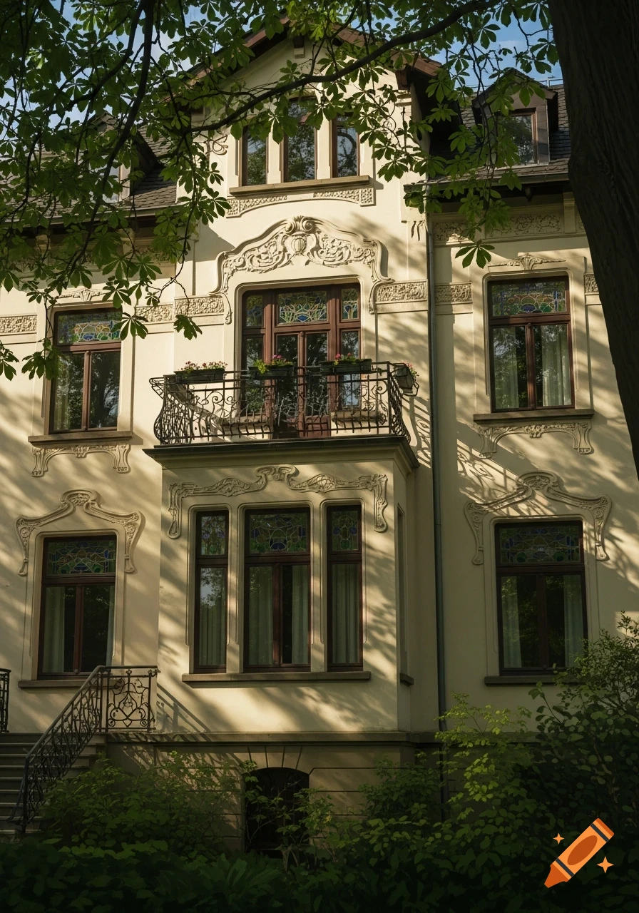 An ornate, cream-colored Jugendstil house with a wrought-iron balcony and dark windows, partly shadowed by green tree leaves.
