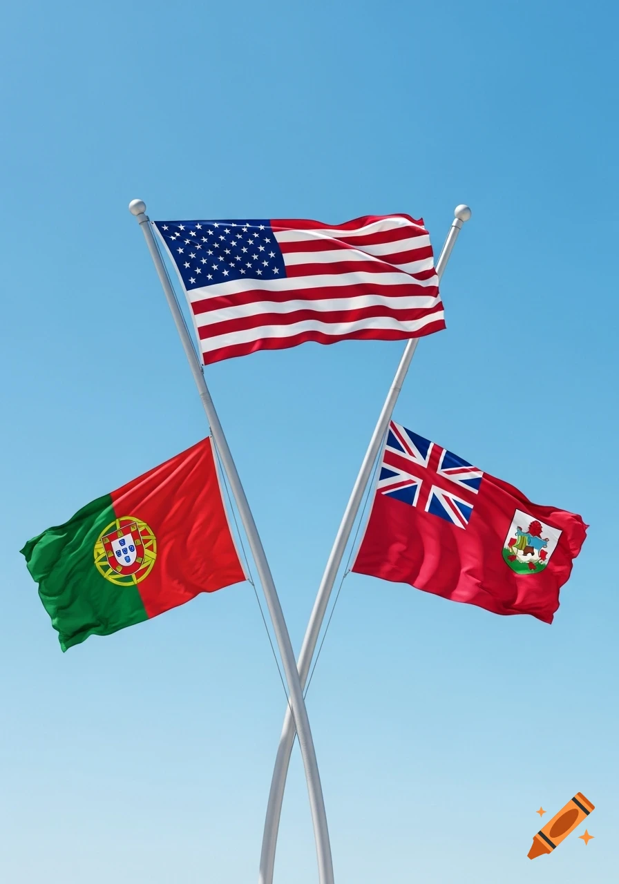Three flags, USA, Portugal, and Bermuda, waving on intersecting poles against a clear blue sky.
