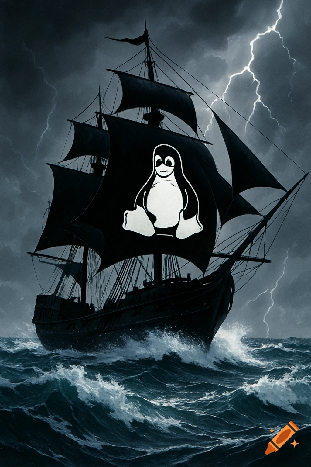 A black pirate ship with the white Linux penguin logo on its sail navigates dark, stormy seas with lightning.