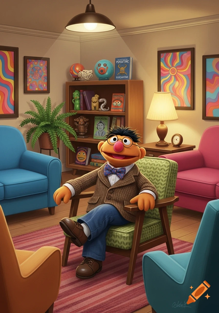 Muppet Ernie, dressed as a psychiatrist in a brown tweed jacket and bow tie, sits in a green armchair in a colorful office with a bookshelf and psychedelic artwork.