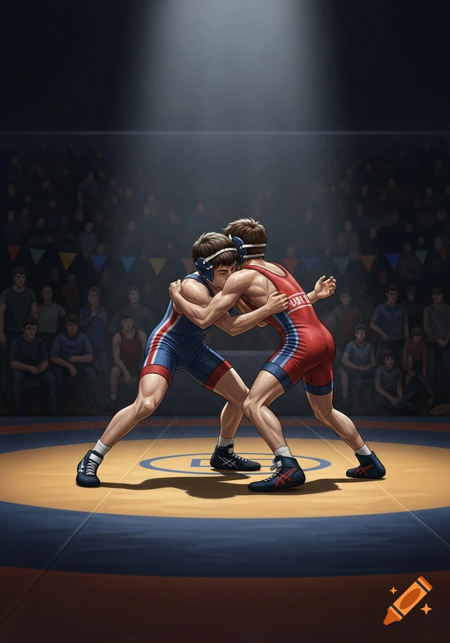 Two young wrestlers grappling on a mat in a spotlighted arena with a blurred audience in the background, in an illustrative style.