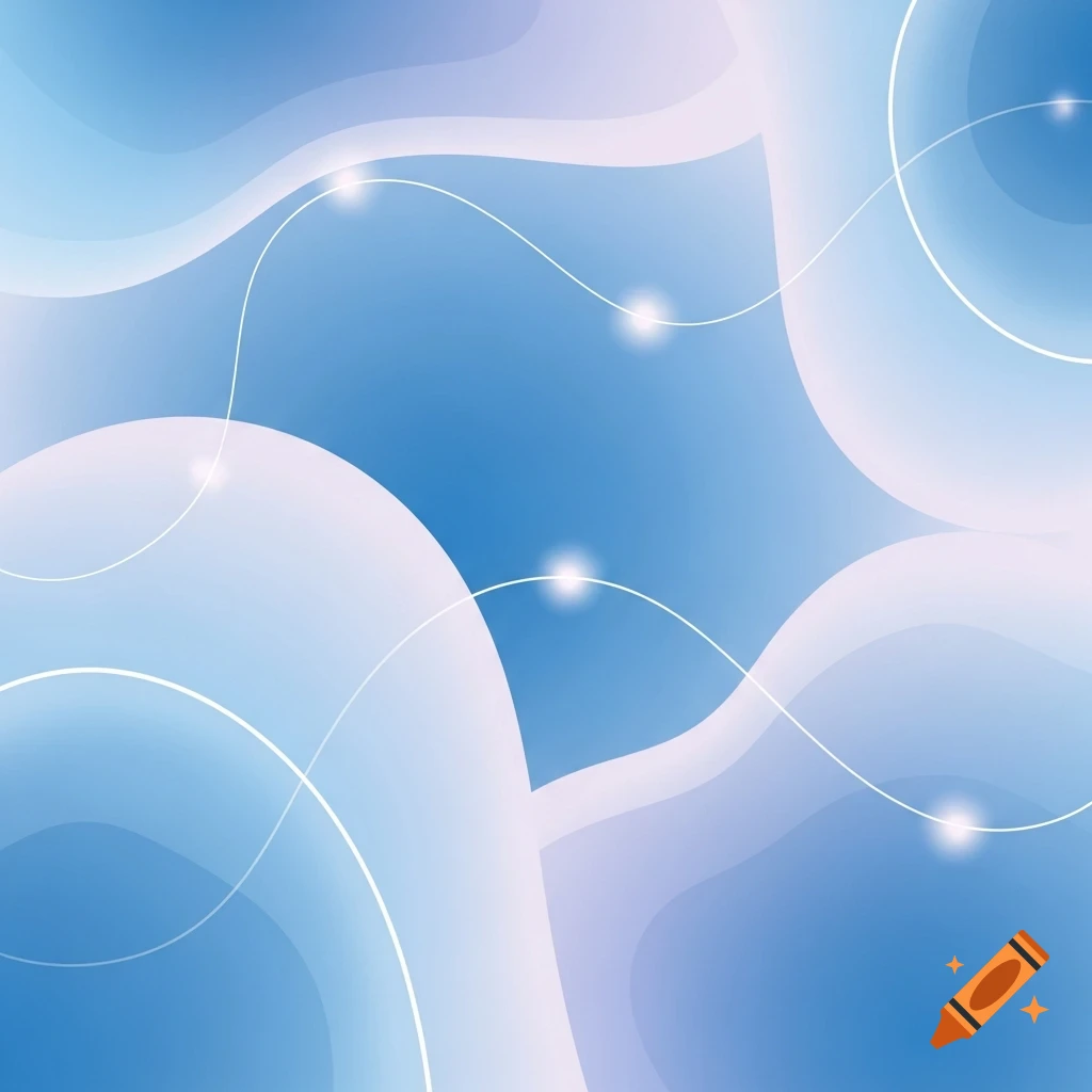 Abstract blue background with flowing wavy shapes, white lines, and glowing dots.