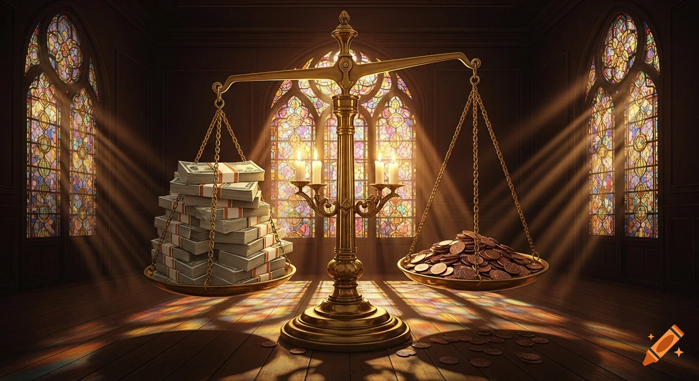 A brass scale in a grand room with stained glass windows. One side holds tall stacks of cash, the other a pile of copper coins, creating a dramatic balance.