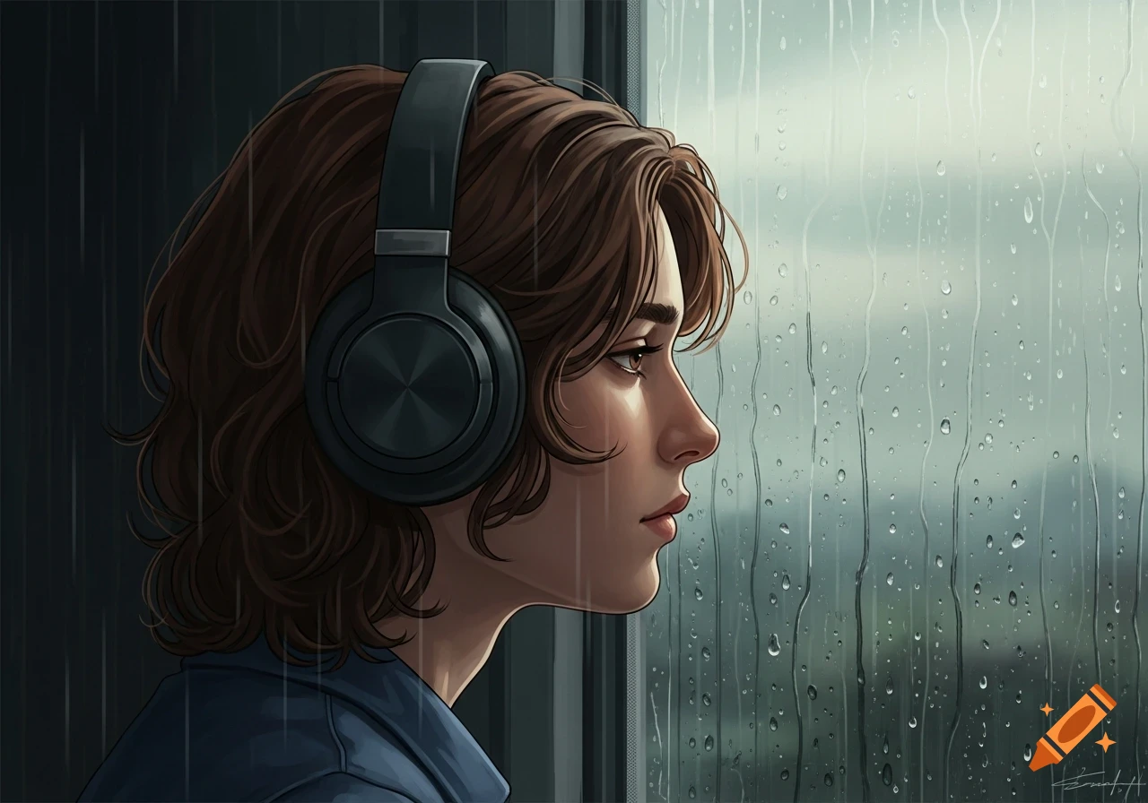 A pensive person with headphones looks out a rain-streaked window in an illustrative style.
