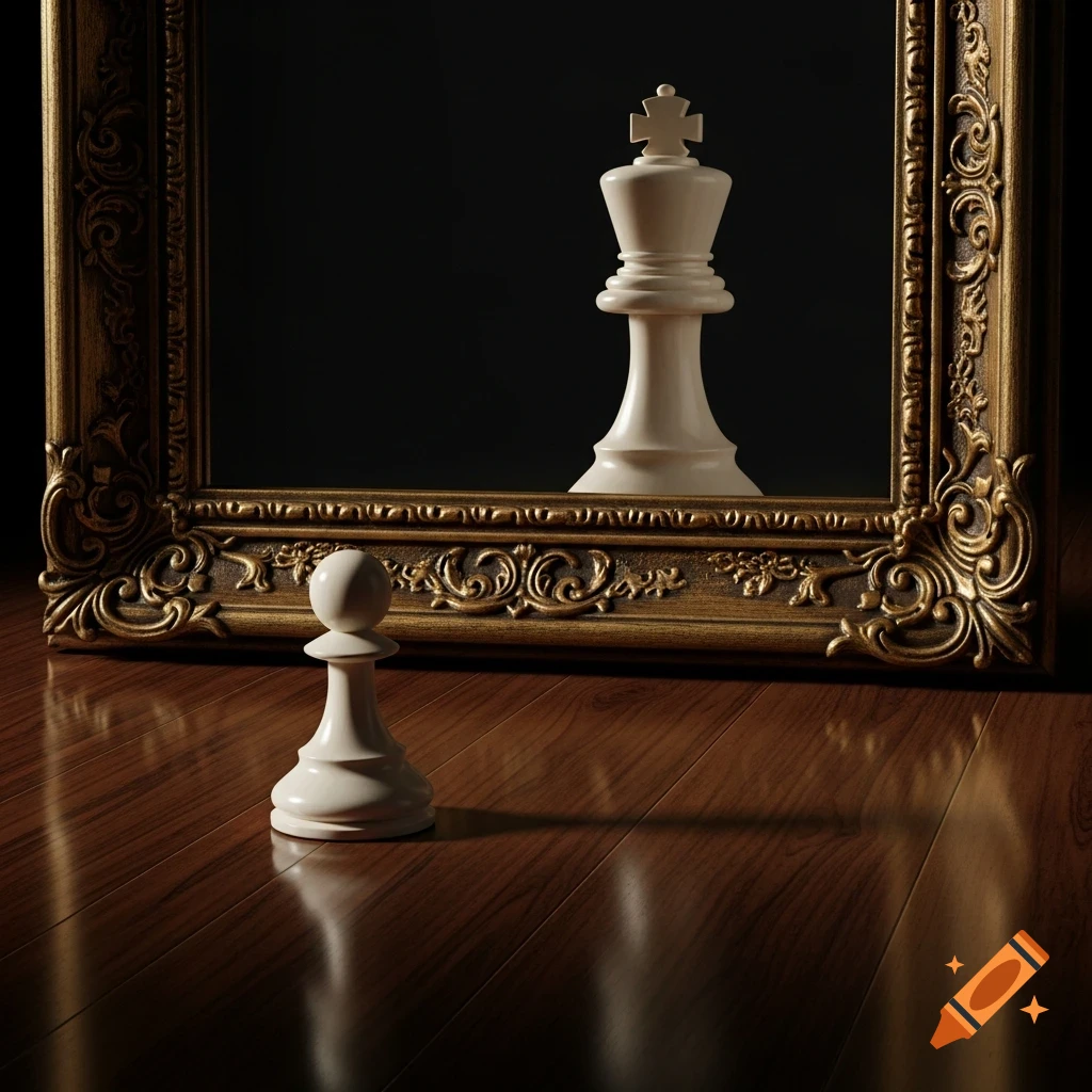 A white chess pawn on a polished wooden floor, reflecting as a king in an ornate antique mirror with dramatic chiaroscuro lighting.
