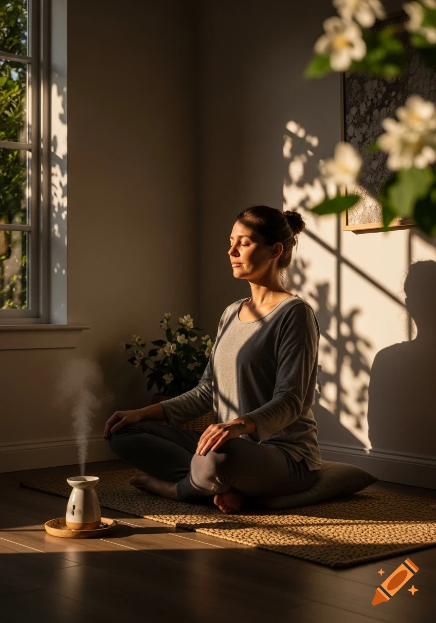 A woman meditates in a sunlit room, sitting cross-legged on a mat with an aromatherapy diffuser releasing steam nearby.