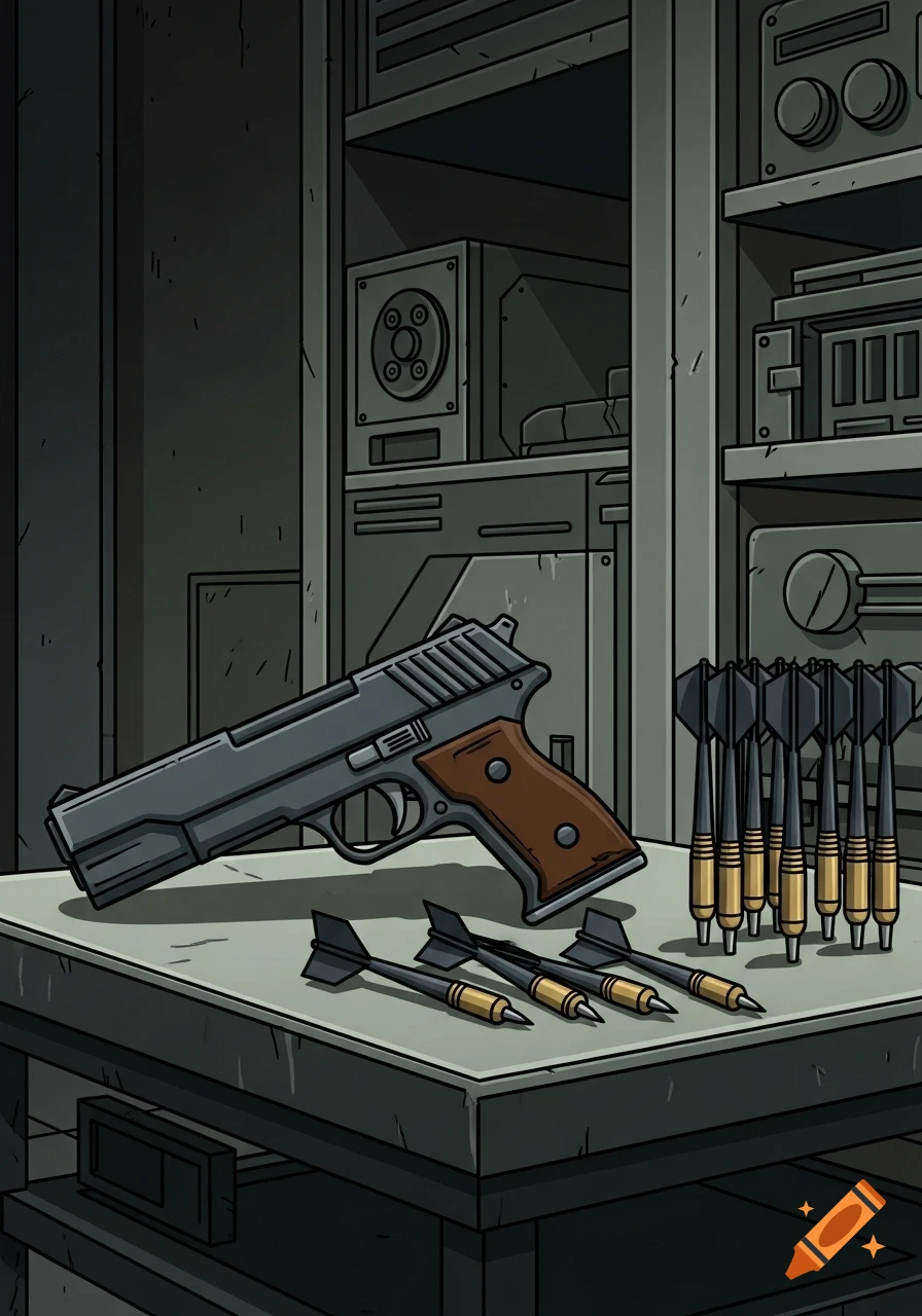 A stylized pistol and darts on a metal table in a dim room, in an Archer TV show graphic novel style.
