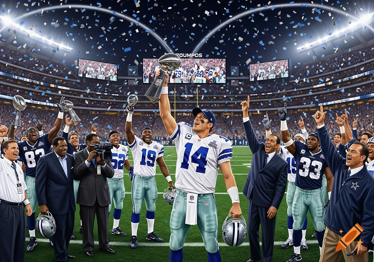 Dallas Cowboys football players and coaches celebrate winning the Super Bowl on a confetti-filled stadium field with trophies.