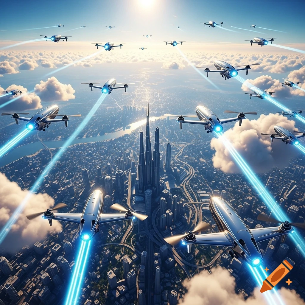 Aerial view of multiple futuristic drones flying over a modern city with tall skyscrapers, illuminated by sunlight.