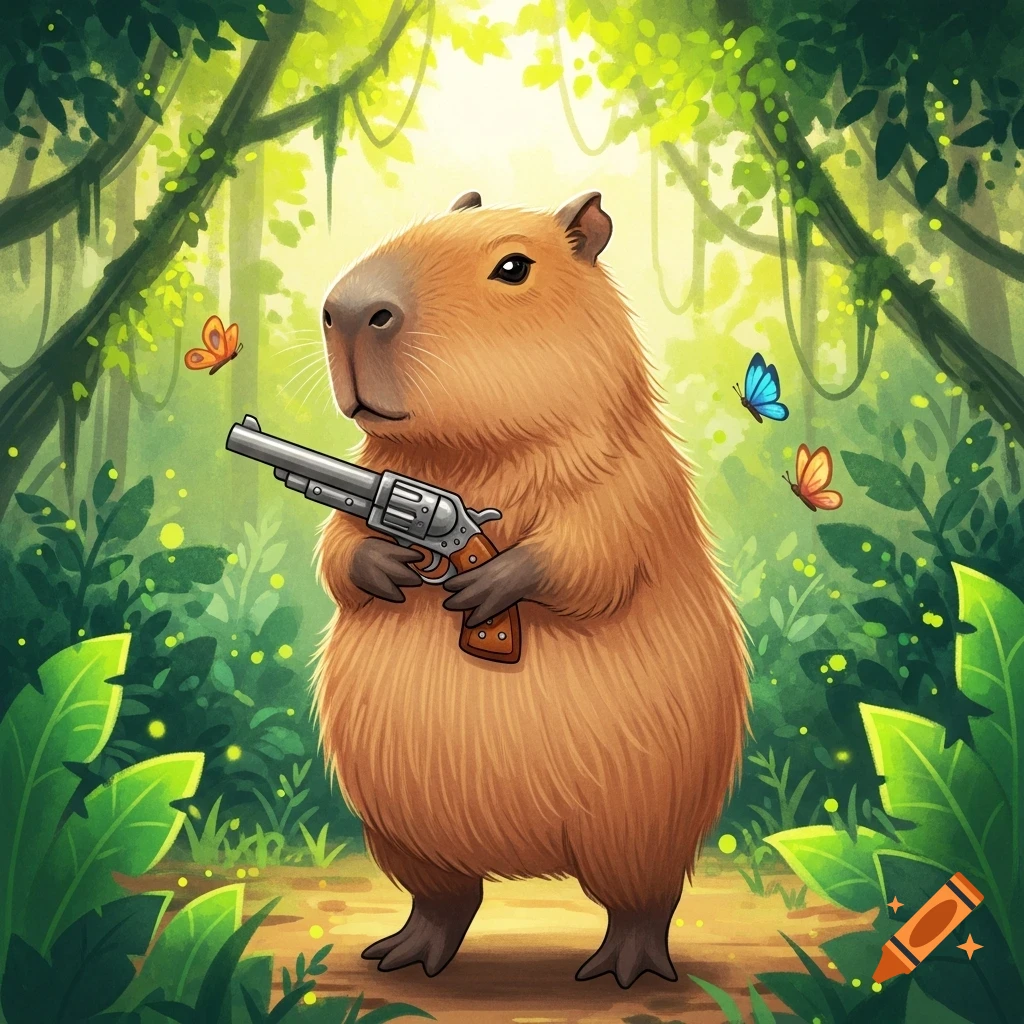 A cute cartoon capybara stands in a lush jungle, holding a silver revolver.
