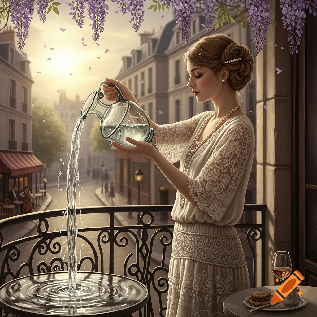 An elegant woman on a Parisian balcony pours water from a pitcher onto a table, with a street and sunset in the background.