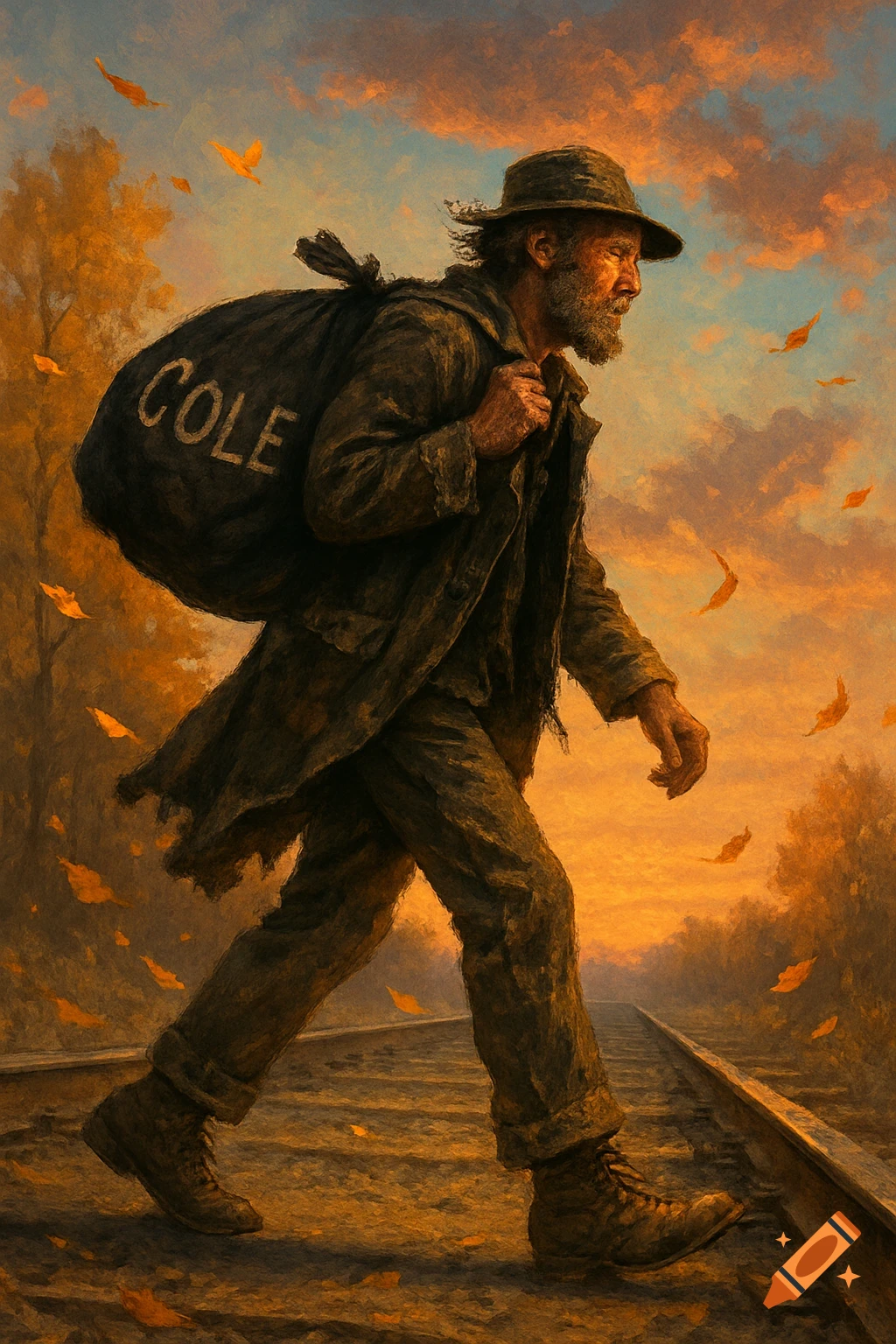 A grizzled man with a 'COLE' knapsack walks on railroad tracks through autumn leaves at sunset, in a painterly style.