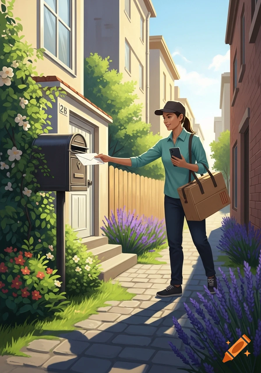 A female mail carrier in a teal shirt places a letter in a mailbox on a sunny suburban street with lavender bushes.